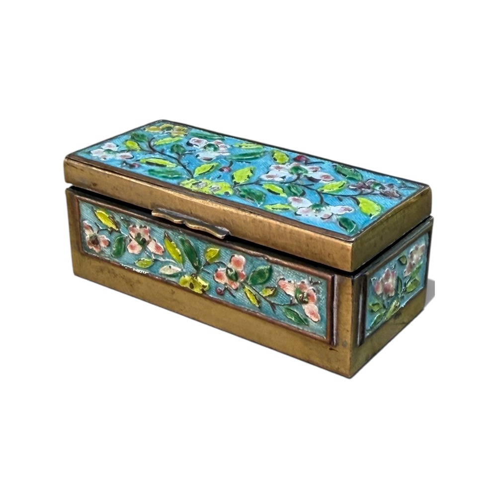 Vintage Brass Trinket Box Floral Enamel Cloisonne Blue Gold